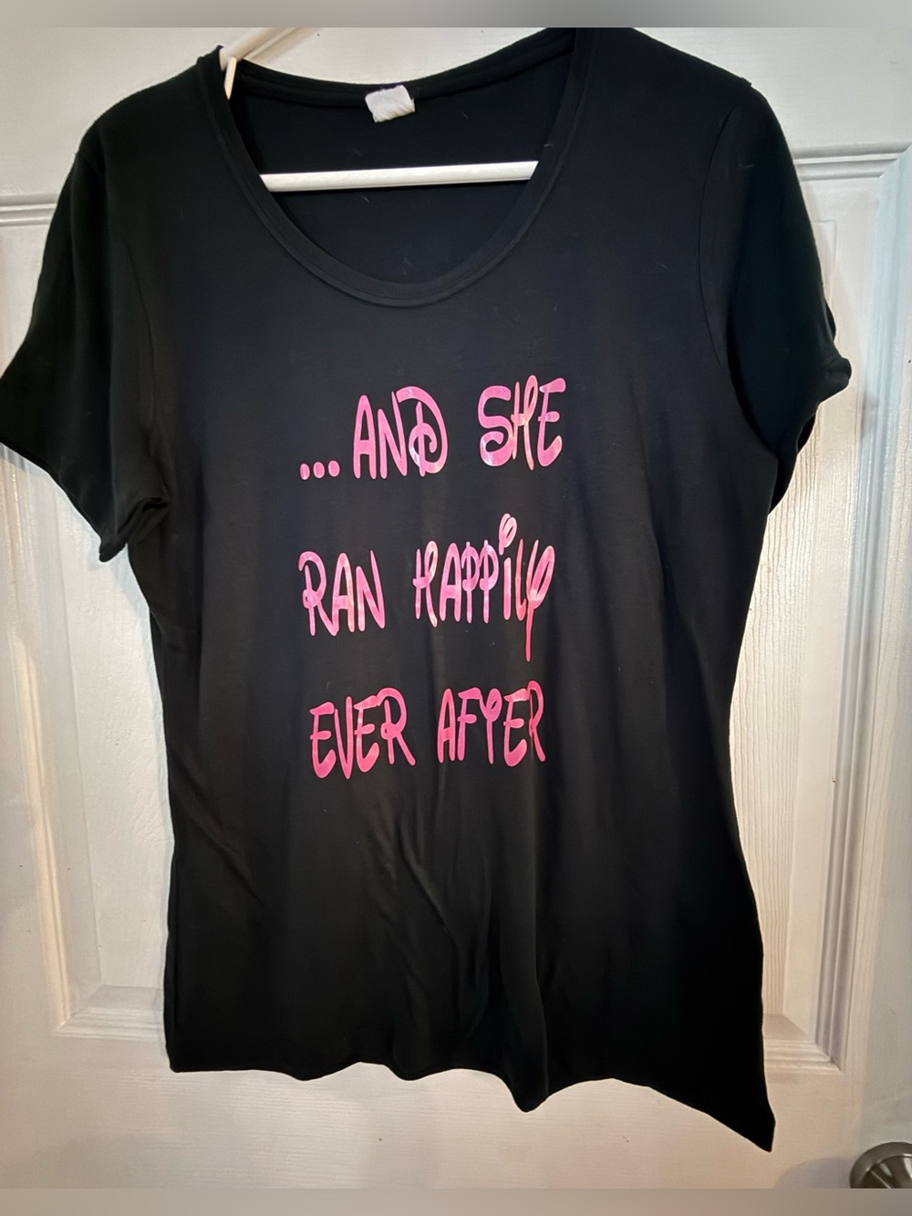 Women’s Black Graphic Tee with Pink Slogan Size M